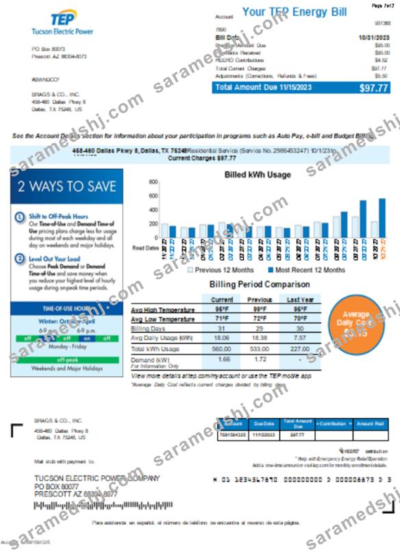 Arizona Tucson Electric Power (TEP) utility bill, page 1 SCR